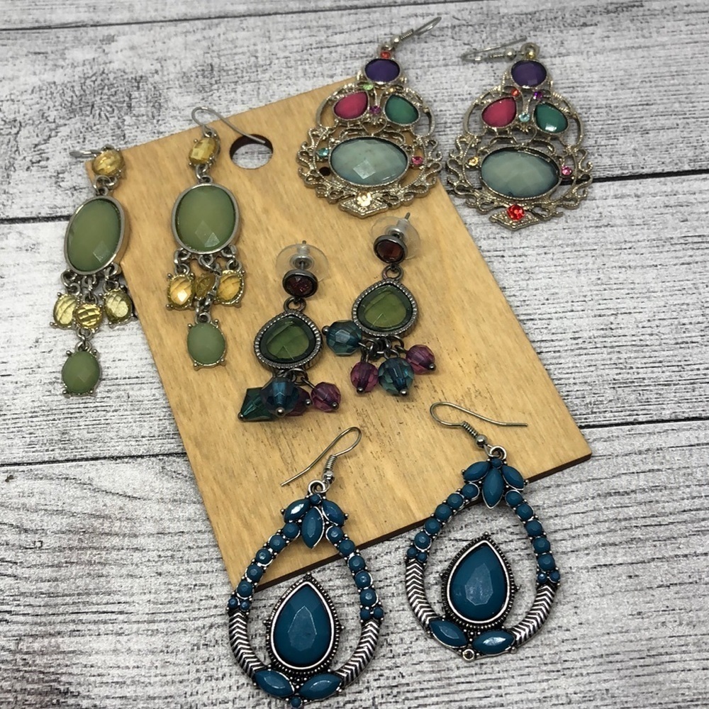 Bundle lot 4 boho festival style drop dangle bejeweled statement earrings.